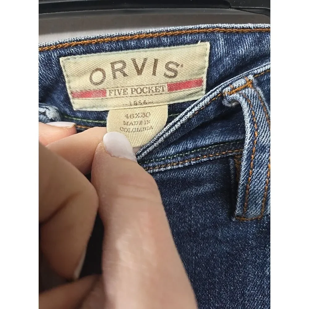 Orvis Jeans Men's Size 46x27 Stretch‎ 5 Pocket Jeans Distressed Dark Wash